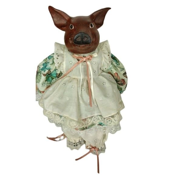 Antique Ceramic Macabre Anthropomorphic Pig Doll In Floral Dress & Bloomers - Picture 5 of 11
